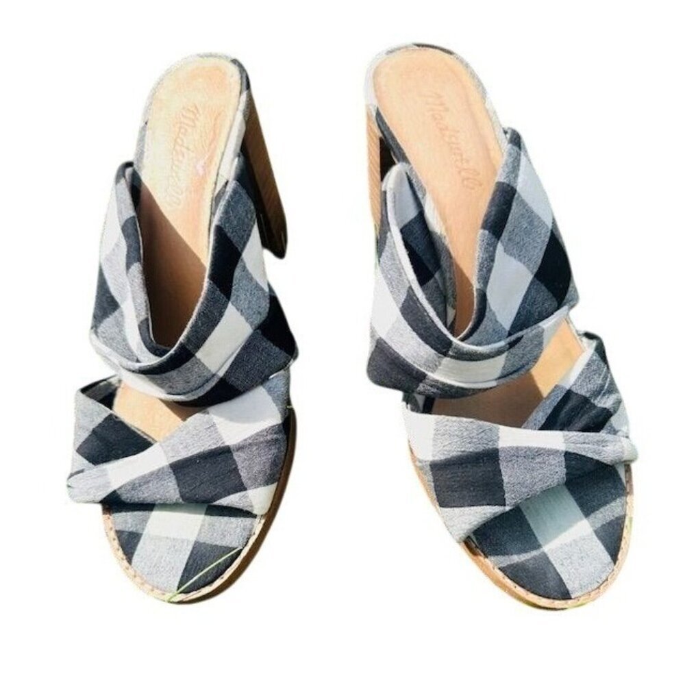 Madewell The Alexandria Mule Gingham B/W Strappy Heeled Wooden Block Sandals 8